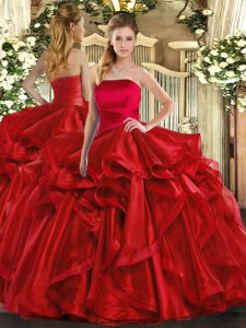 Noble Organza Strapless Sleeveless Lace Up Ruffles Quinceanera Dresses in Red