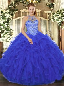 Wonderful Sleeveless Organza Floor Length Lace Up Quinceanera Dress in Royal Blue with Beading and Embroidery and Ruffle