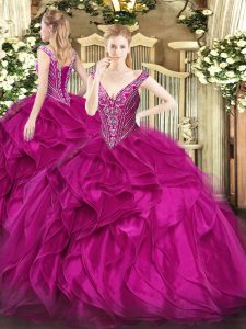 Fuchsia Ball Gowns Beading and Ruffles Sweet 16 Dress Lace Up Organza Sleeveless Floor Length