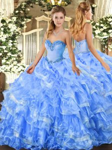 Baby Blue Quinceanera Gowns Military Ball and Sweet 16 and Quinceanera with Beading and Ruffled Layers Sweetheart Sleeve