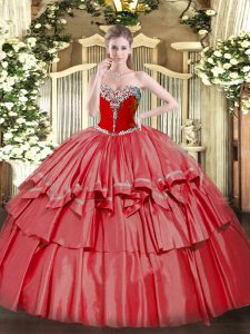 Coral Red Sweetheart Neckline Beading and Ruffled Layers Quince Ball Gowns Sleeveless Lace Up