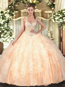 Floor Length Lace Up Sweet 16 Quinceanera Dress Peach for Military Ball and Sweet 16 and Quinceanera with Beading and Ru