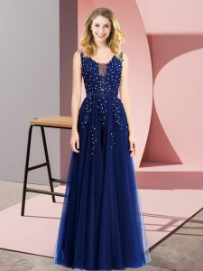 Charming Sleeveless Tulle Floor Length Backless in Royal Blue with Beading and Appliques