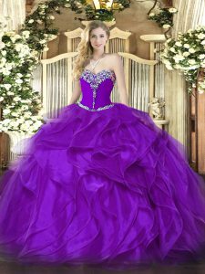 Sleeveless Organza Floor Length Lace Up Quinceanera Gowns in Purple with Beading and Ruffles