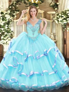 Sweet Aqua Blue Sleeveless Floor Length Ruffled Layers Lace Up Quince Ball Gowns