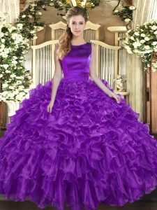 Artistic Eggplant Purple Organza Lace Up Scoop Sleeveless Floor Length 15th Birthday Dress Ruffles