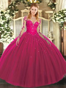Hot Pink Long Sleeves Tulle Lace Up Sweet 16 Dresses for Military Ball and Sweet 16 and Quinceanera