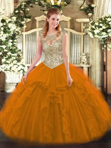Latest Orange Red Tulle Lace Up Scoop Sleeveless Floor Length Quince Ball Gowns Beading and Ruffles