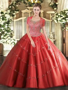 Low Price Coral Red Sleeveless Beading Floor Length Sweet 16 Dress