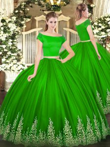 Glorious Green Short Sleeves Appliques Floor Length 15 Quinceanera Dress