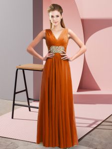 V-neck Sleeveless Prom Dresses Floor Length Beading and Ruching Rust Red Chiffon