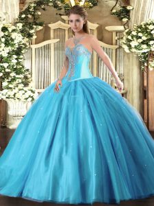 Exquisite Floor Length Lace Up Vestidos de Quinceanera Aqua Blue for Military Ball and Sweet 16 and Quinceanera with Bea