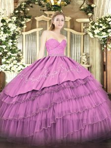 Nice Sweetheart Sleeveless Quinceanera Dress Floor Length Beading and Lace and Embroidery and Ruffled Layers Fuchsia Org