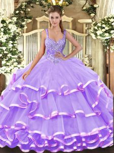 Lavender Straps Lace Up Beading and Ruffled Layers Quinceanera Gowns Sleeveless