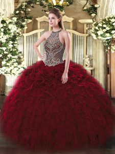 Sleeveless Organza Floor Length Lace Up Quinceanera Dress in Wine Red with Beading and Ruffles