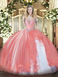 Beautiful Floor Length Ball Gowns Sleeveless Coral Red Sweet 16 Quinceanera Dress Lace Up