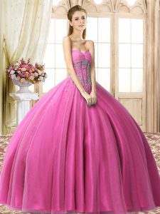 Excellent Fuchsia Lace Up Sweetheart Beading Quinceanera Dress Tulle Sleeveless