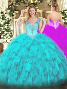 Most Popular Aqua Blue Ball Gowns Beading and Ruffles Quinceanera Dress Lace Up Organza Sleeveless Floor Length