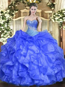 Flirting Blue Sweetheart Neckline Beading and Ruffles Quinceanera Dresses Sleeveless Lace Up