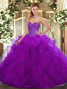 Nice Sleeveless Tulle Floor Length Lace Up Quinceanera Dress in Purple with Beading and Ruffles