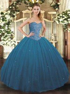 Sweet Sleeveless Floor Length Beading Lace Up Sweet 16 Dresses with Teal