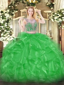 Deluxe Green Two Pieces Scoop Sleeveless Organza Floor Length Lace Up Beading and Ruffles 15 Quinceanera Dress