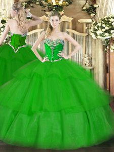 Excellent Green Quinceanera Gowns Military Ball and Sweet 16 and Quinceanera with Beading and Ruffled Layers Sweetheart 