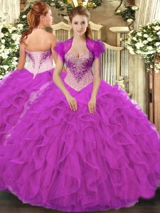 Fuchsia Sleeveless Floor Length Beading and Ruffles Lace Up Quinceanera Gown