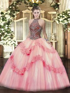 Best Selling Floor Length Pink Vestidos de Quinceanera Tulle Sleeveless Beading and Appliques