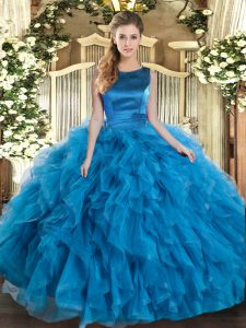 Sleeveless Floor Length Ruffles Lace Up Sweet 16 Dress with Teal
