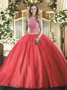 Enchanting Red High-neck Neckline Beading 15 Quinceanera Dress Sleeveless Lace Up