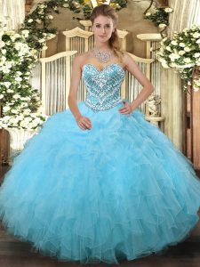 Stylish Sleeveless Floor Length Beading and Ruffles Lace Up 15th Birthday Dress with Aqua Blue