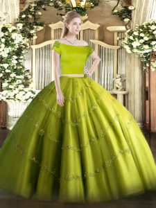 Off The Shoulder Short Sleeves Tulle Quinceanera Gown Appliques Zipper