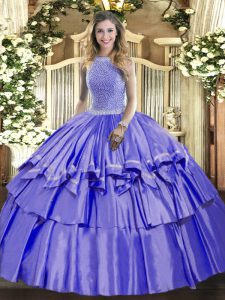 Dazzling Lavender Ball Gowns Beading and Ruffled Layers Sweet 16 Quinceanera Dress Lace Up Organza and Taffeta Sleeveles
