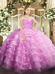 Sleeveless Tulle Floor Length Zipper Sweet 16 Dresses in Rose Pink with Beading and Lace and Ruffled Layers