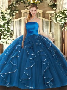 Floor Length Blue Ball Gown Prom Dress Tulle Sleeveless Ruffles