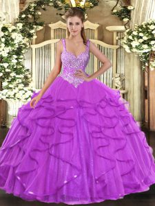 Smart Eggplant Purple Lace Up Straps Beading and Ruffles Quinceanera Dresses Tulle Sleeveless
