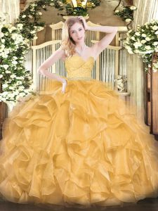 Ideal Gold Sleeveless Organza Zipper Quinceanera Dress for Military Ball and Sweet 16 and Quinceanera