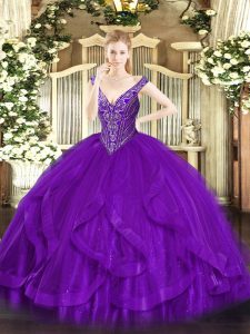 Lovely Purple Ball Gowns V-neck Sleeveless Tulle Floor Length Lace Up Beading and Ruffles Sweet 16 Dresses