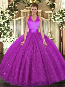 Halter Top Sleeveless Lace Up Quince Ball Gowns Fuchsia Tulle