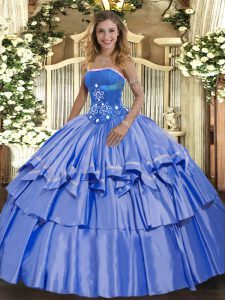 Floor Length Lace Up 15 Quinceanera Dress Blue for Military Ball and Sweet 16 and Quinceanera with Beading and Ruffled L