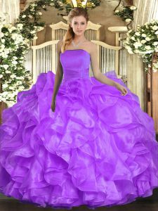 Lavender Ball Gowns Ruffles Sweet 16 Dresses Lace Up Organza Sleeveless Floor Length
