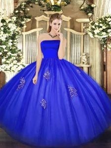 Fabulous Sleeveless Tulle Floor Length Zipper 15 Quinceanera Dress in Blue with Appliques