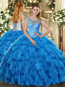 Classical Organza Scoop Sleeveless Lace Up Beading and Ruffles 15 Quinceanera Dress in Baby Blue