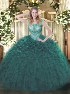 Customized Sleeveless Floor Length Beading and Ruffles Lace Up Quinceanera Gown with Teal