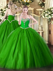Noble Sleeveless Tulle Floor Length Lace Up Quinceanera Dress in Green with Beading