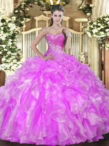 High Quality Lilac Lace Up Quinceanera Gown Beading and Ruffles Sleeveless Floor Length