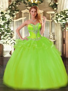 Tulle Lace Up Quince Ball Gowns Sleeveless Floor Length Beading