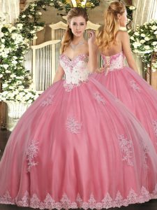 Nice Sleeveless Tulle Floor Length Lace Up Quince Ball Gowns in Watermelon Red with Beading and Appliques