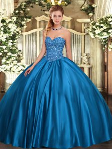 Adorable Beading Sweet 16 Dress Blue Lace Up Sleeveless Floor Length